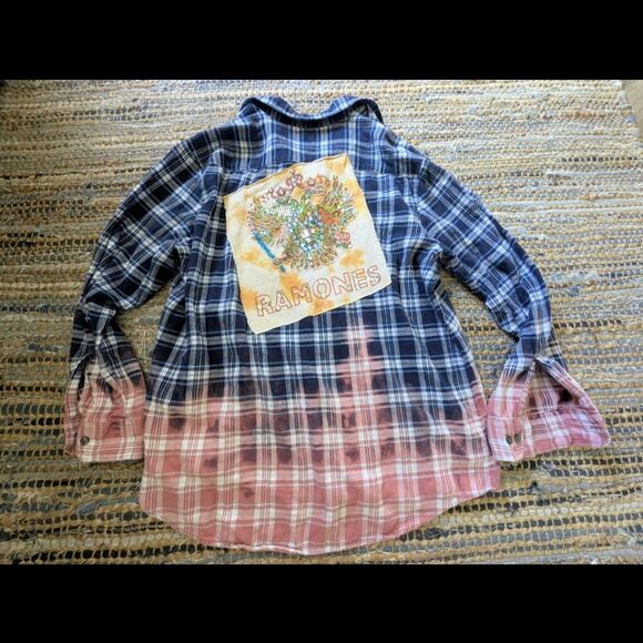 Reworked Bleached Ramones Flannel Shirt XL Punk Biker Grunge USA Flag Thrashed - Picture 2 of 7